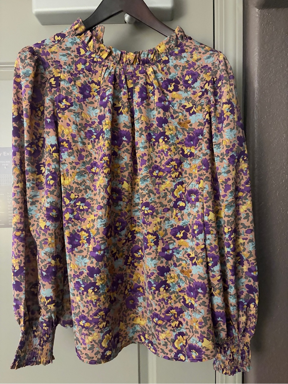 Floral Long Sleeve Peasant Blouse in Purple & Mustard
